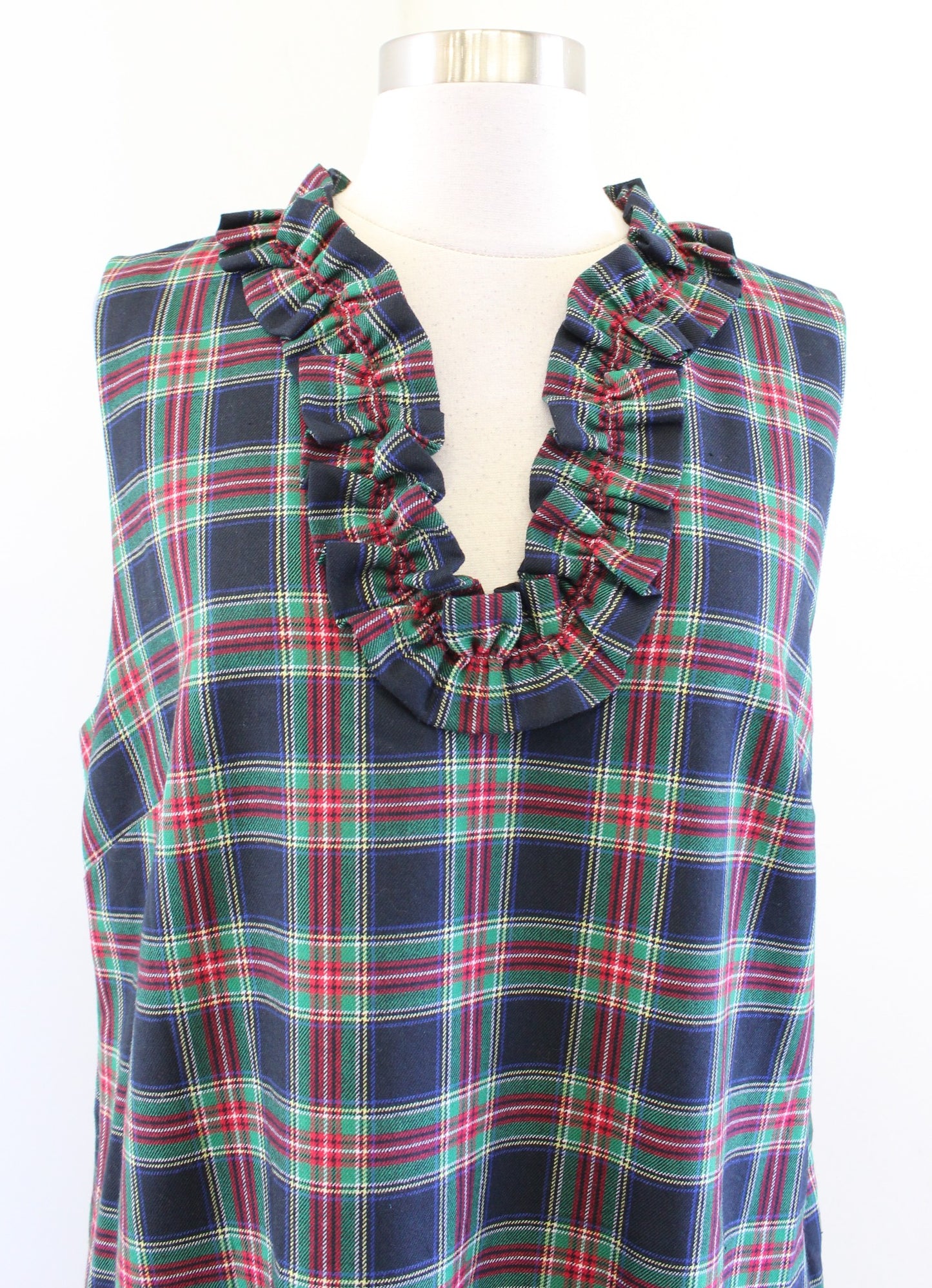 Vineyard Vines Tartan Plaid Wool Blend Ruffle Neck Dress Size 12 Navy Green Red