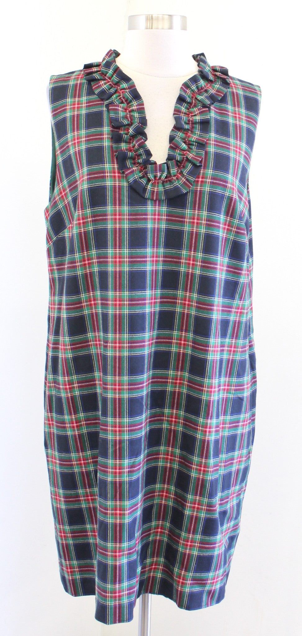 Vineyard Vines Tartan Plaid Wool Blend Ruffle Neck Dress Size 12 Navy Green Red