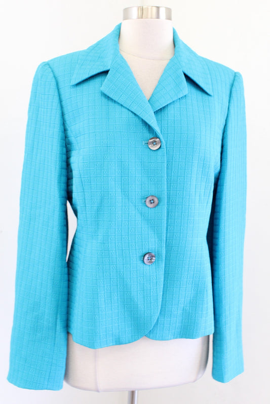 Nina McLemore Teal Blue Block Geometric Embossed Blazer Jacket Size 6 Silk