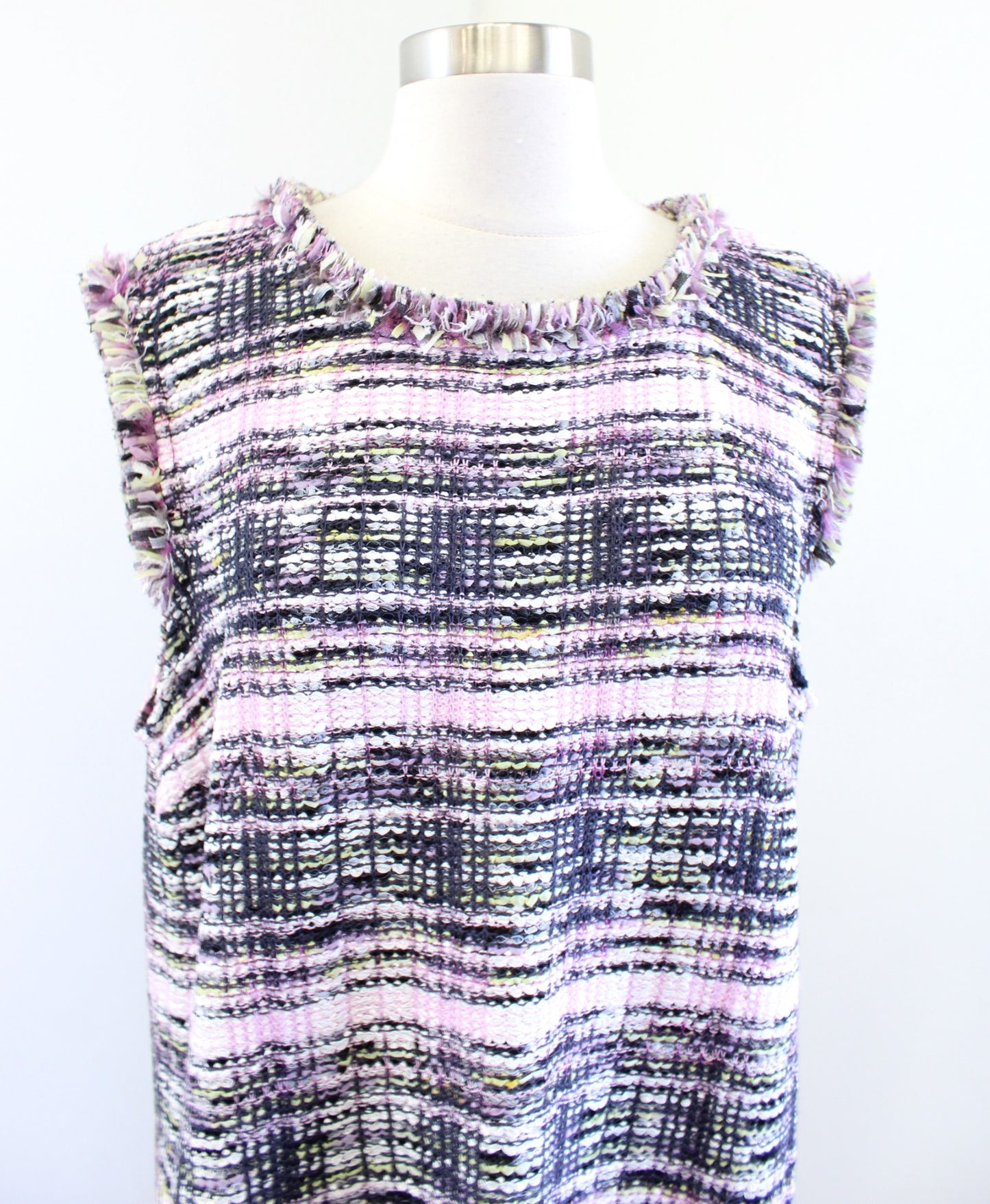 NWT $995 St John Anna Plaid Tweed Fringe Long Split Side Tunic Top Size L Purple