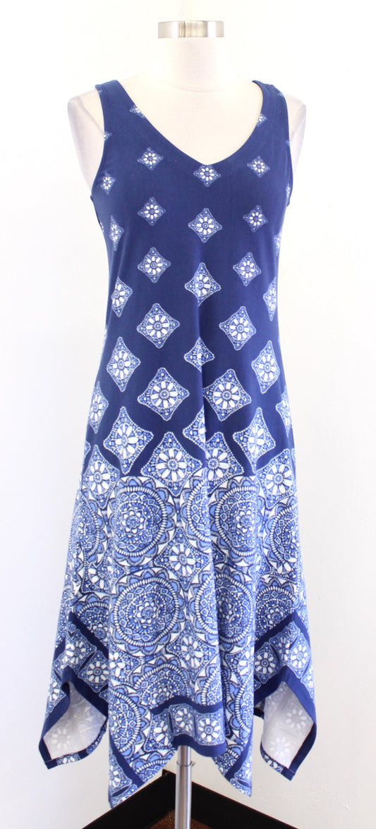 NWT Tommy Bahama Blue Medallion Print Asymmetric Handkerchief Hem Dress XXS 2XS