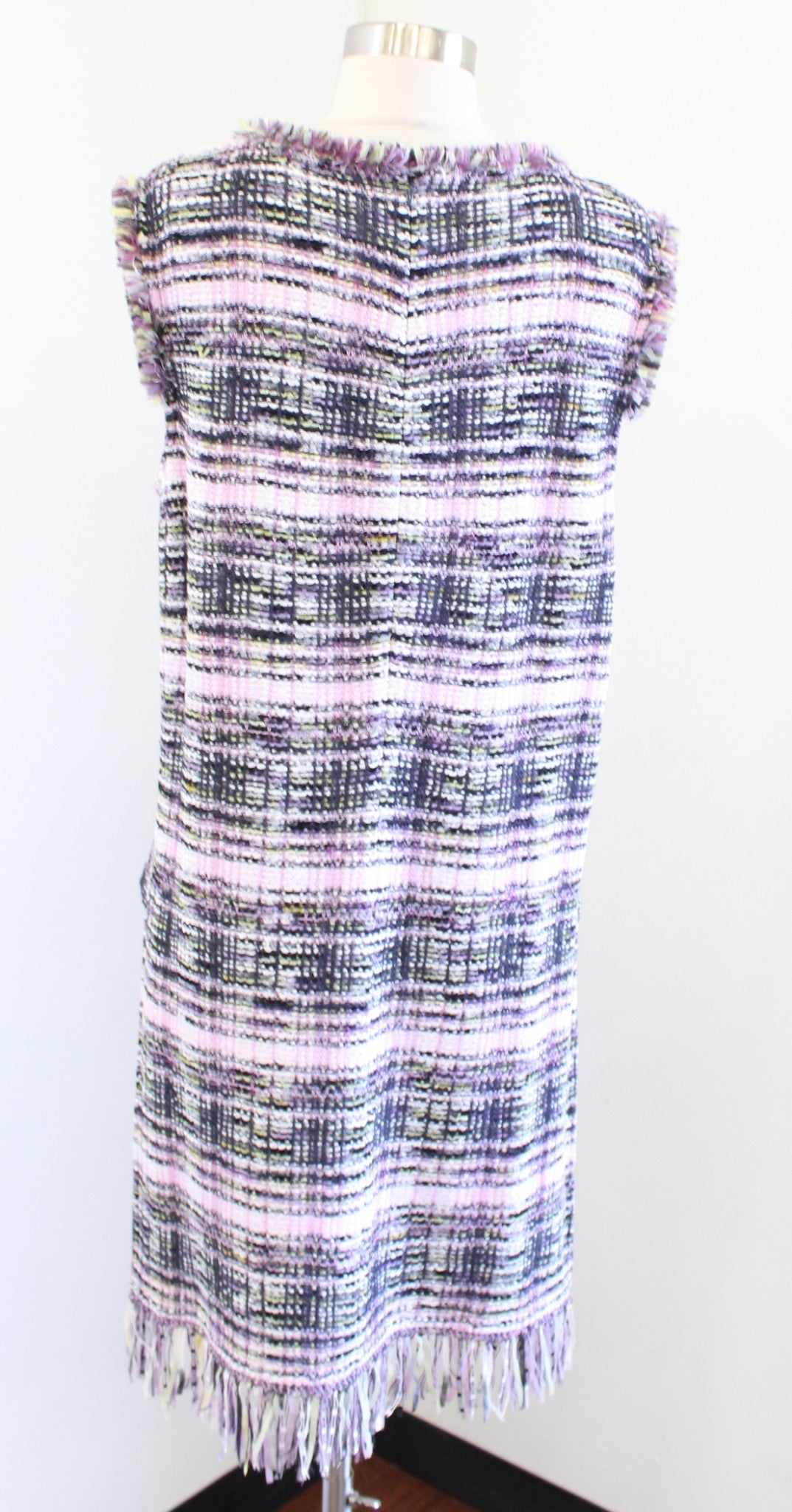 NWT $995 St John Anna Plaid Tweed Fringe Long Split Side Tunic Top Size L Purple