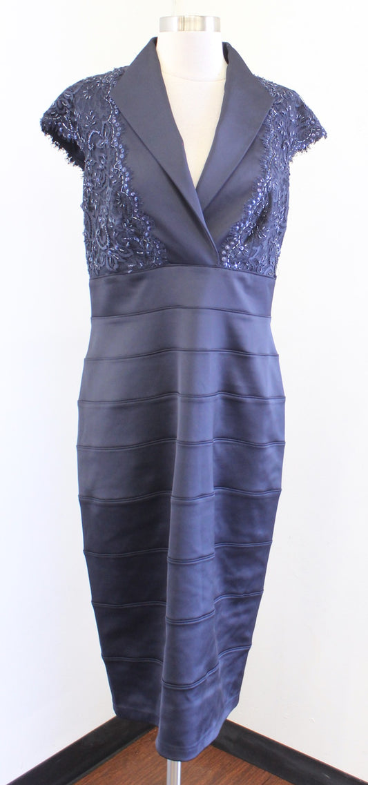 Tadashi Shoji Navy Blue Stand Collar Satiny Lace Contrast Sheath Dress Size 12