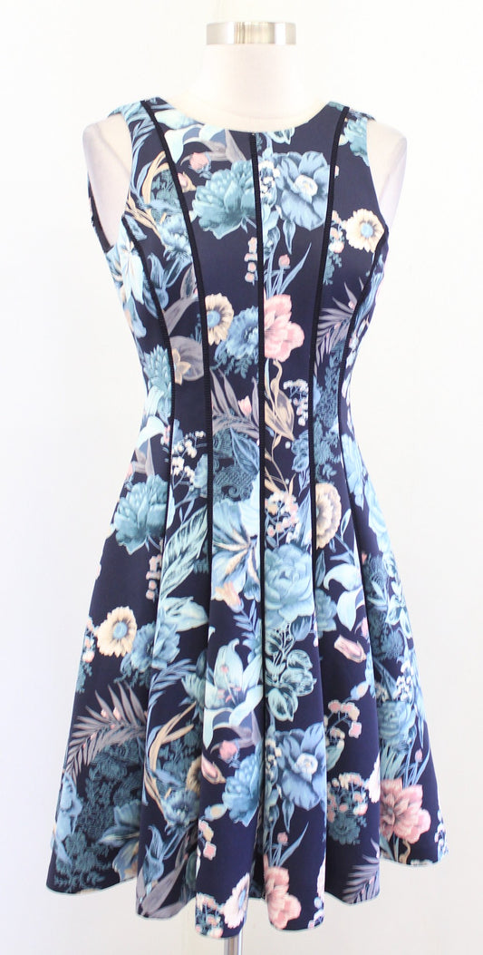White House Black Market Navy Blue Floral Pleated Fit and Flare Dress Size 0