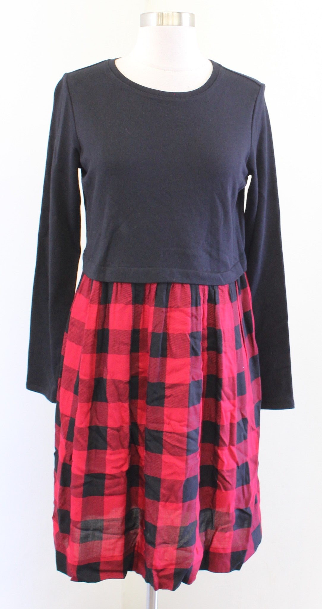 NWT J Jill Womens Black Red Buffalo Plaid Mixed Media Dress Size XS