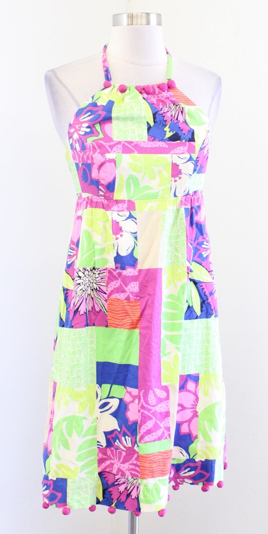 Lilly Pulitzer Patchwork Floral Halter Pompom Trim Dress Size 0 Green Colorful