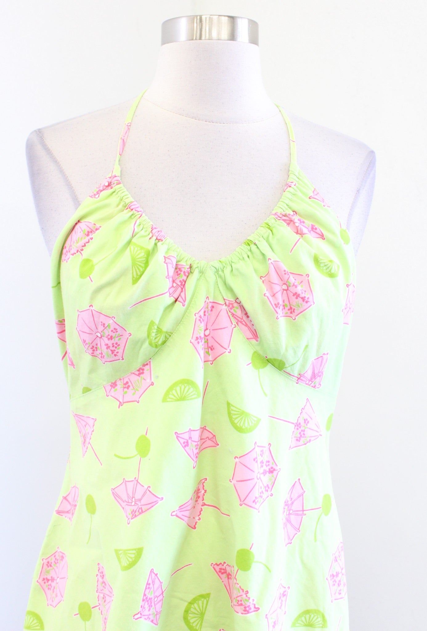 Vtg Lilly Pulitzer Womens Green Umbrella Fruit Lime Print Halter Dress Size 10