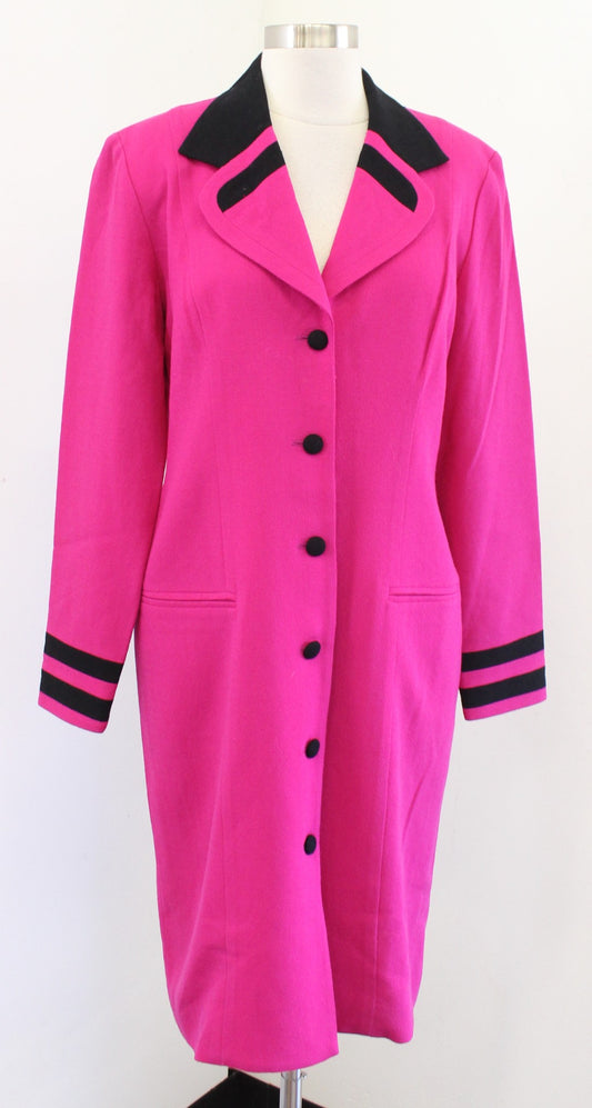 Vtg 90s Womens Hot Pink Black Button Front Wool Blazer Style Dress Size 8 Retro