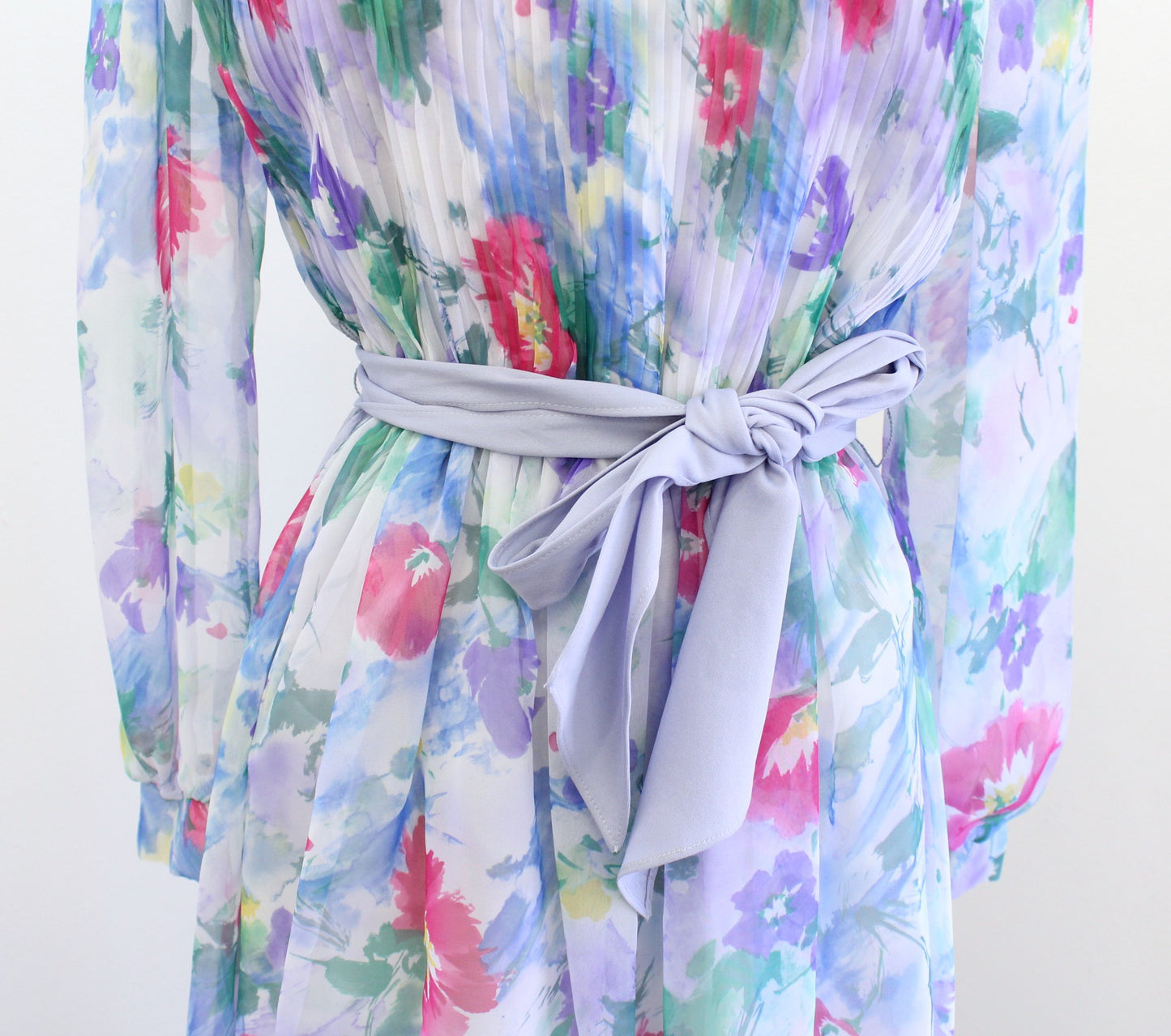 Vtg 80s 90s Blue Watercolor Floral Print Tie Waist Shirt Dress Sz 8 Modest Retro