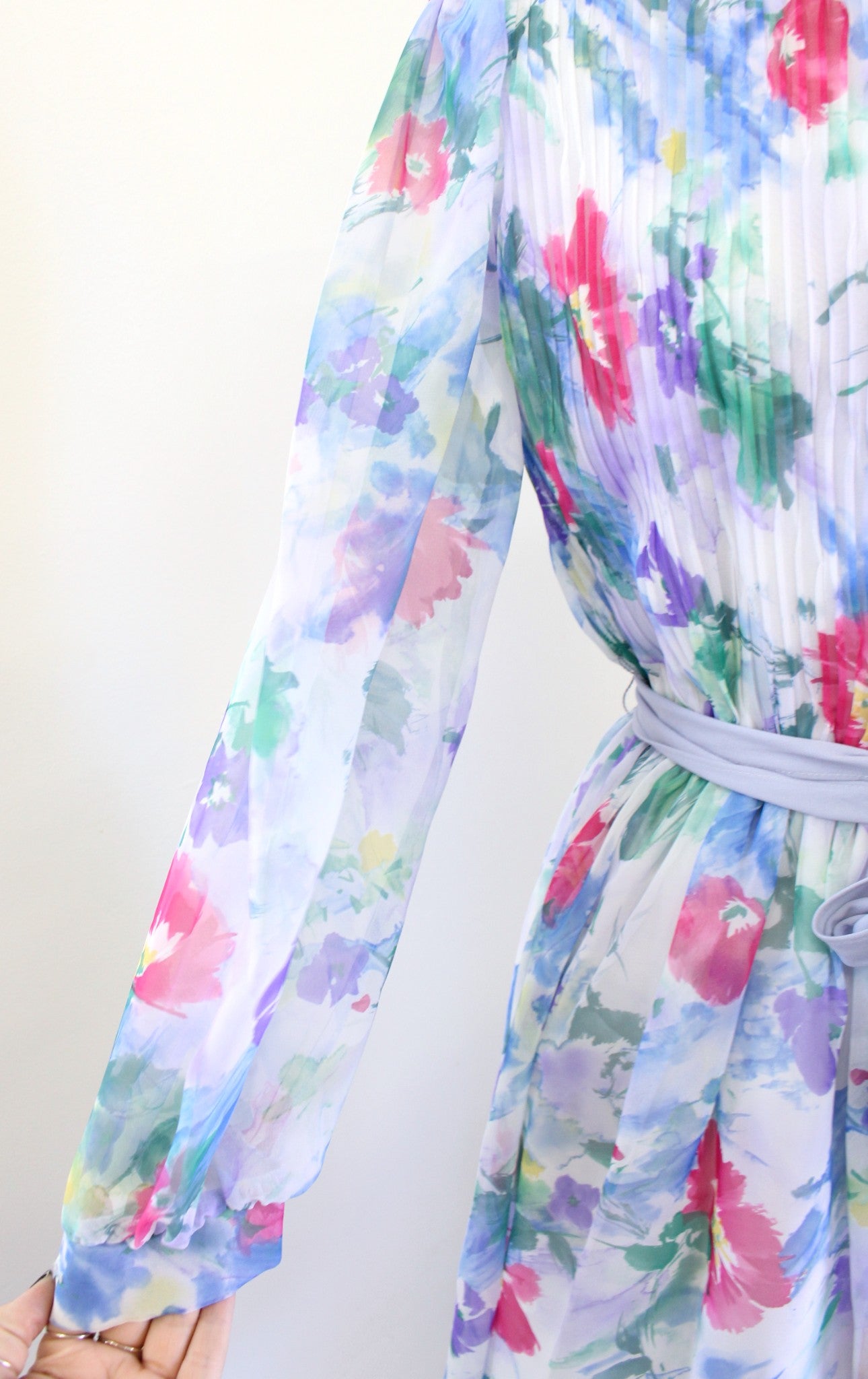 Vtg 80s 90s Blue Watercolor Floral Print Tie Waist Shirt Dress Sz 8 Modest Retro