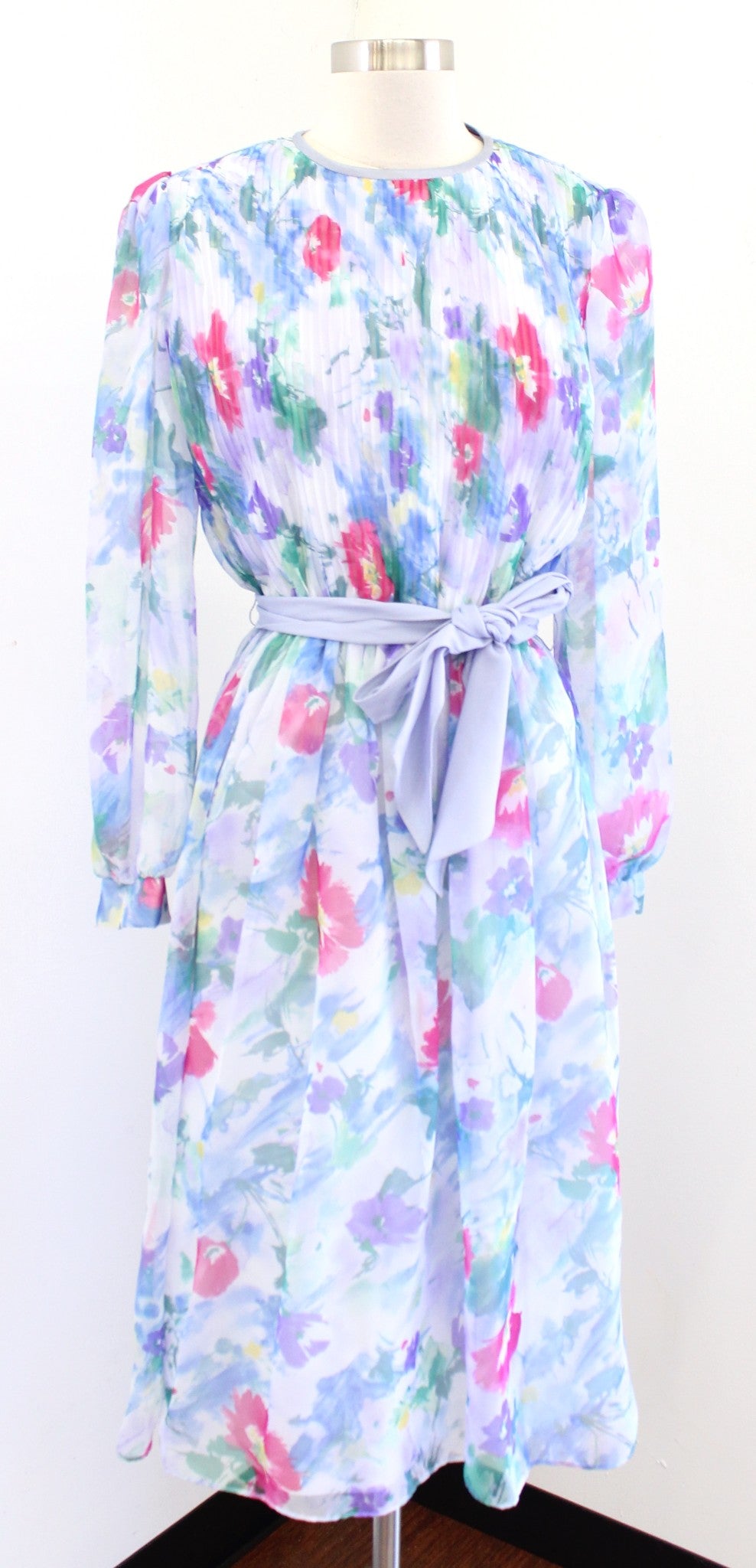 Vtg 80s 90s Blue Watercolor Floral Print Tie Waist Shirt Dress Sz 8 Modest Retro