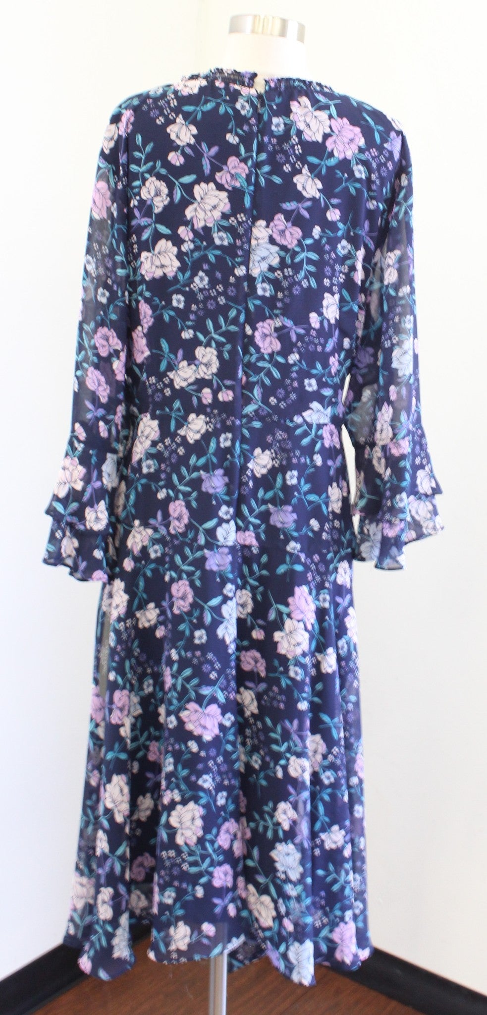 NWT Tahari ASL Levine Navy Blue Floral Tie Waist Faux Wrap Ruffle Dress Size 20W