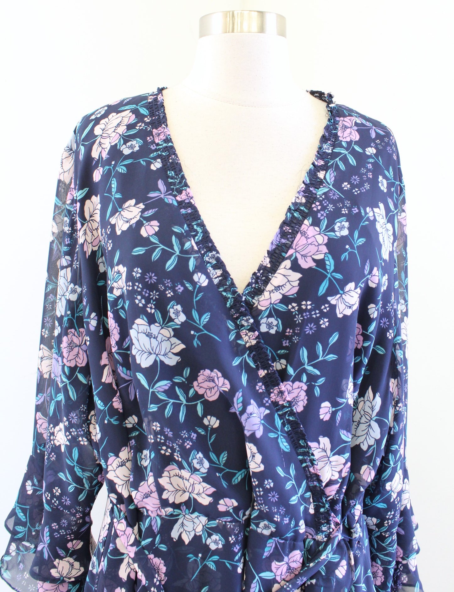 NWT Tahari ASL Levine Navy Blue Floral Tie Waist Faux Wrap Ruffle Dress Size 20W