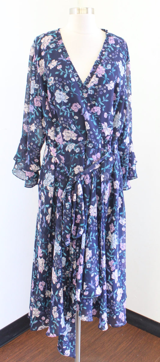 NWT Tahari ASL Levine Navy Blue Floral Tie Waist Faux Wrap Ruffle Dress Size 20W