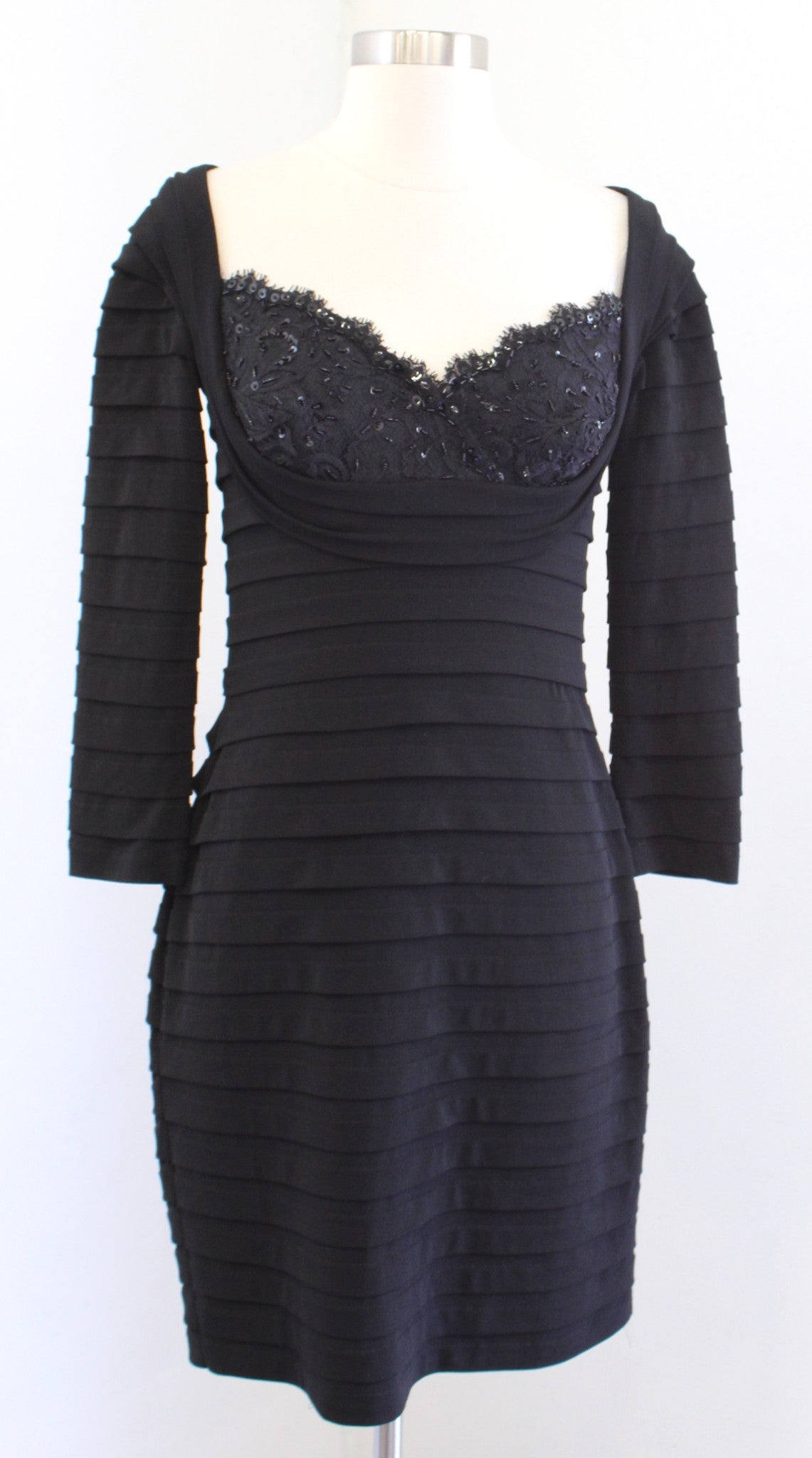 Tadashi Collection Black Lace Sequin Bust Tiered Sheath Dress Size XS Evening