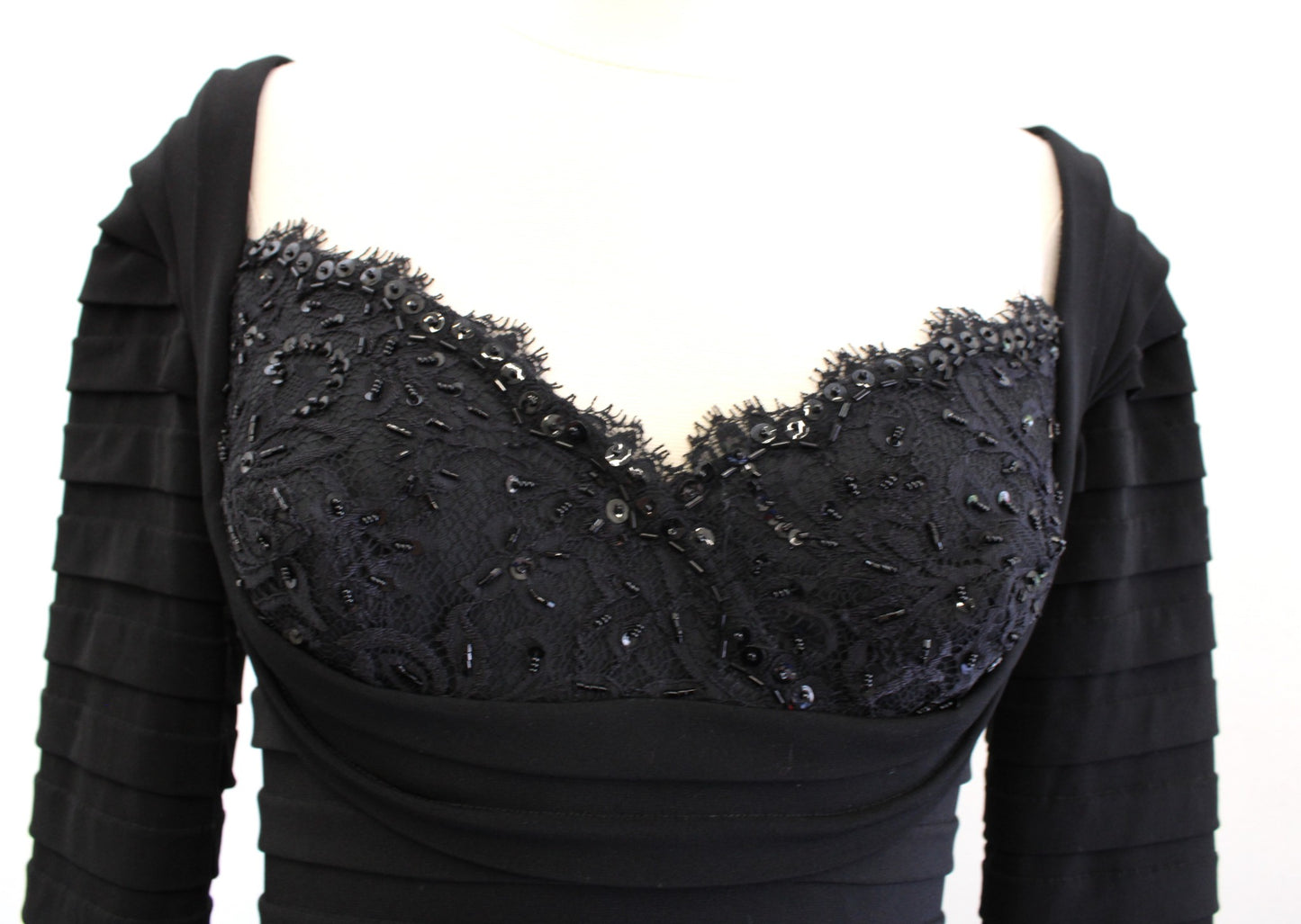Tadashi Collection Black Lace Sequin Bust Tiered Sheath Dress Size XS Evening