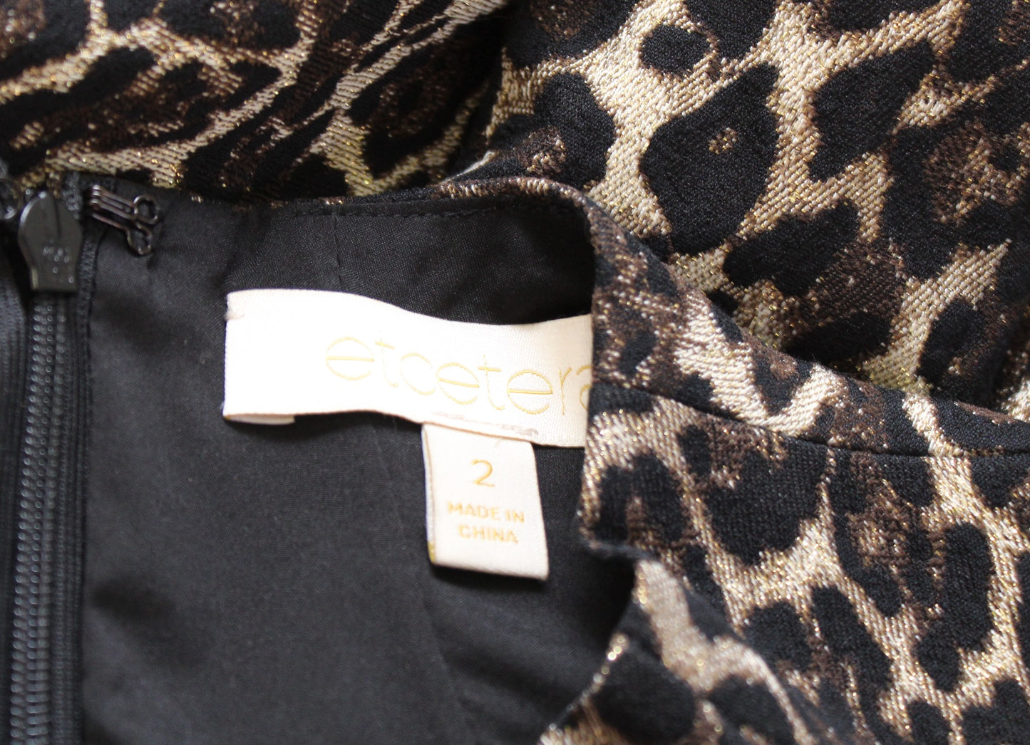 Etcetera Metallic Shimmer Leopard Print Mock Neck Sheath Dress Size 2 Career
