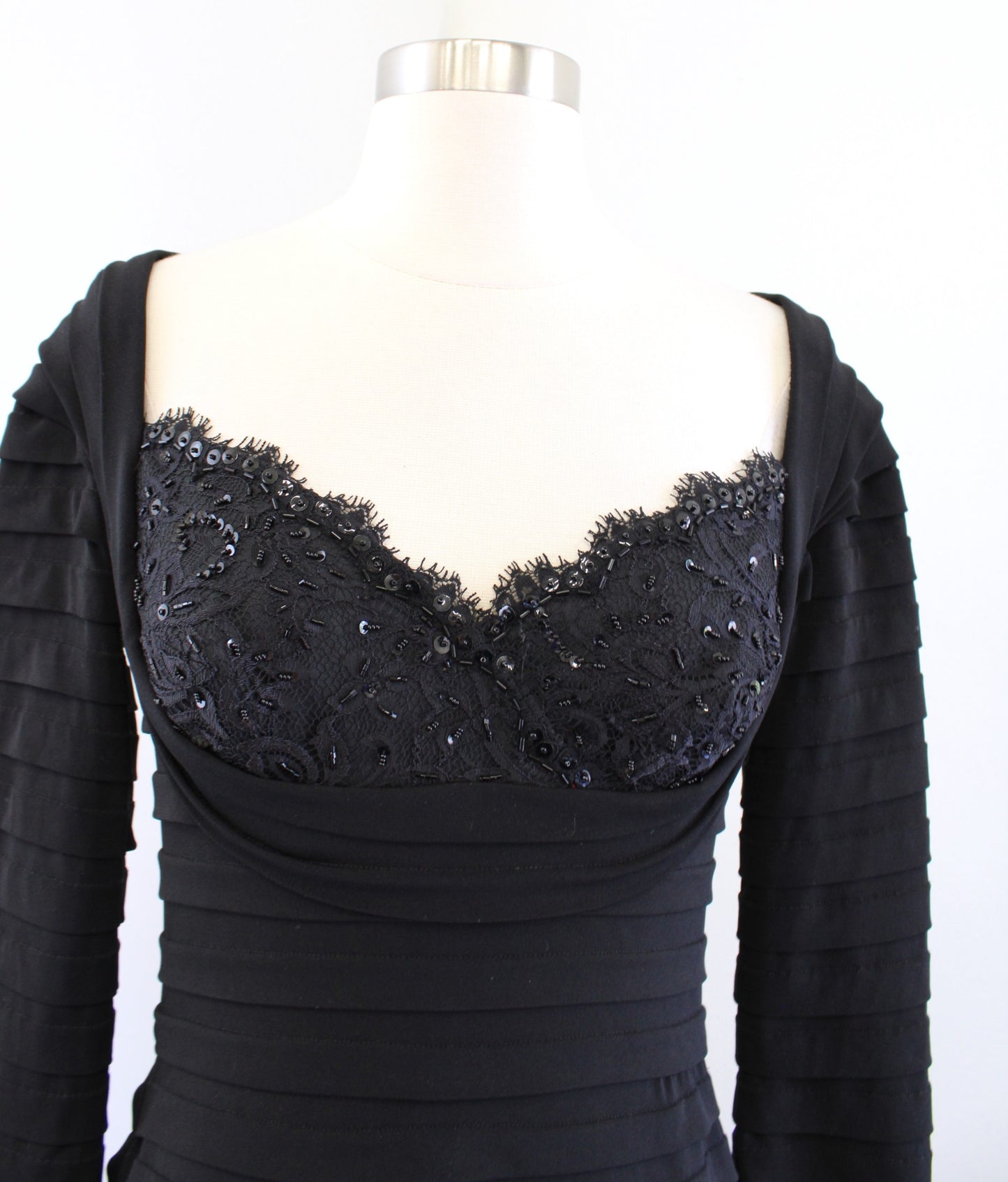 Tadashi Collection Black Lace Sequin Bust Tiered Sheath Dress Size XS Evening