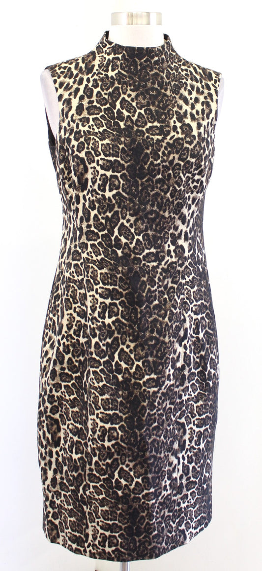 Etcetera Metallic Shimmer Leopard Print Mock Neck Sheath Dress Size 2 Career