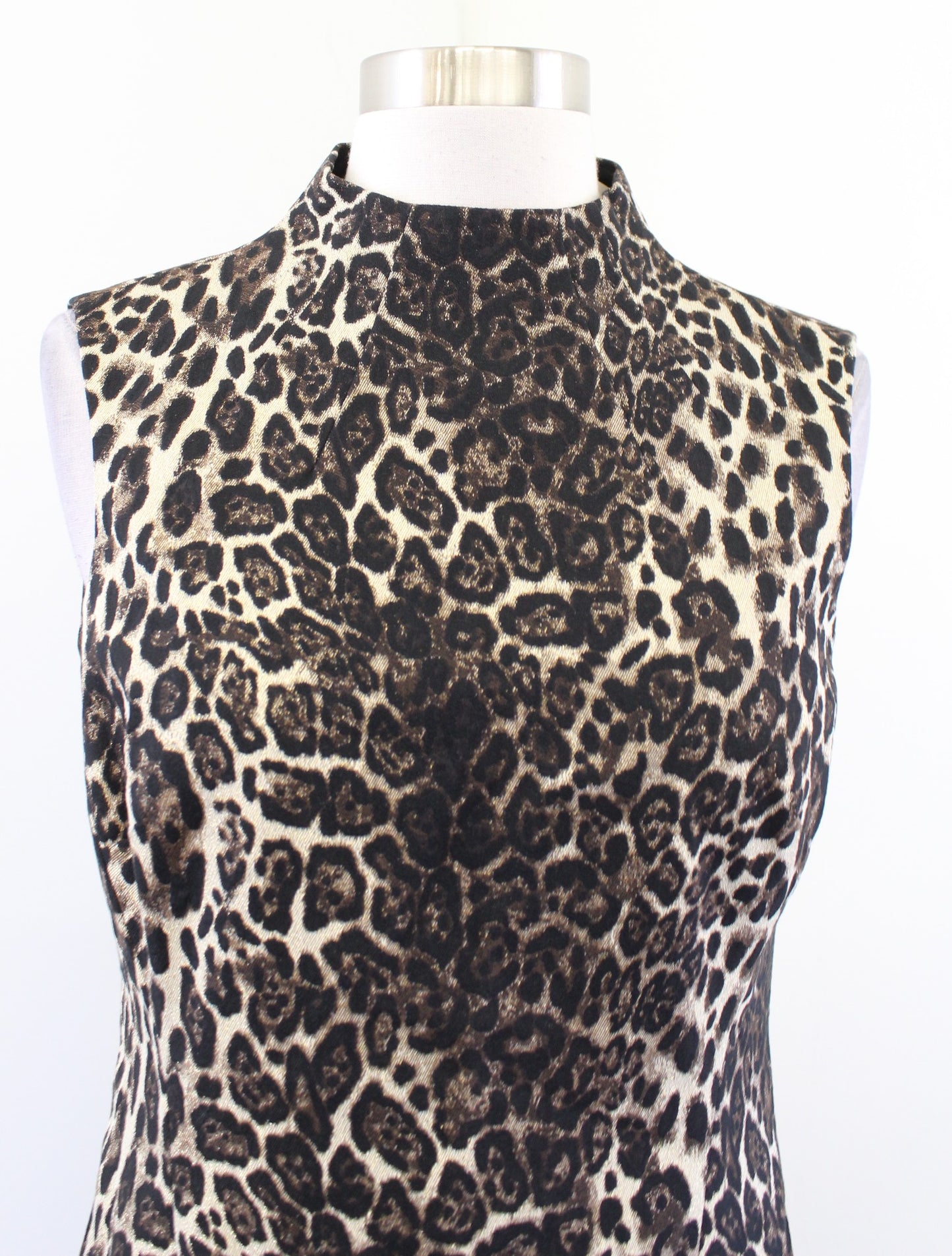 Etcetera Metallic Shimmer Leopard Print Mock Neck Sheath Dress Size 2 Career