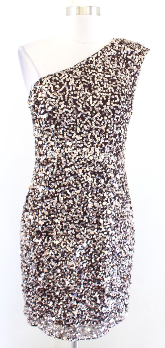 Adrianna Papell Brown Gold Silk Beaded Sequin One Shoulder Party Dress Size 4