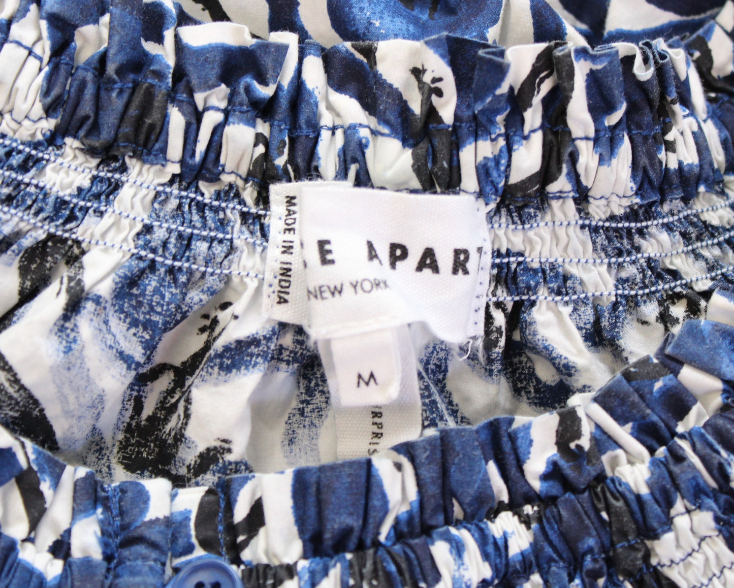 Apiece Apart Blue White Floral Kasin Top Size M Puff Sleeve Smocked Blouse