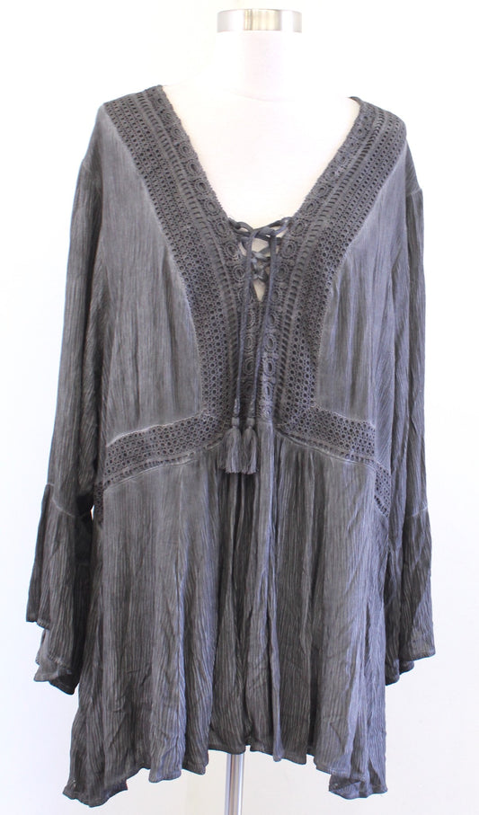 NWT Torrid Gray Mineral Wash Lace Trim Babydoll Top Blouse Size 4 4X Lace Up