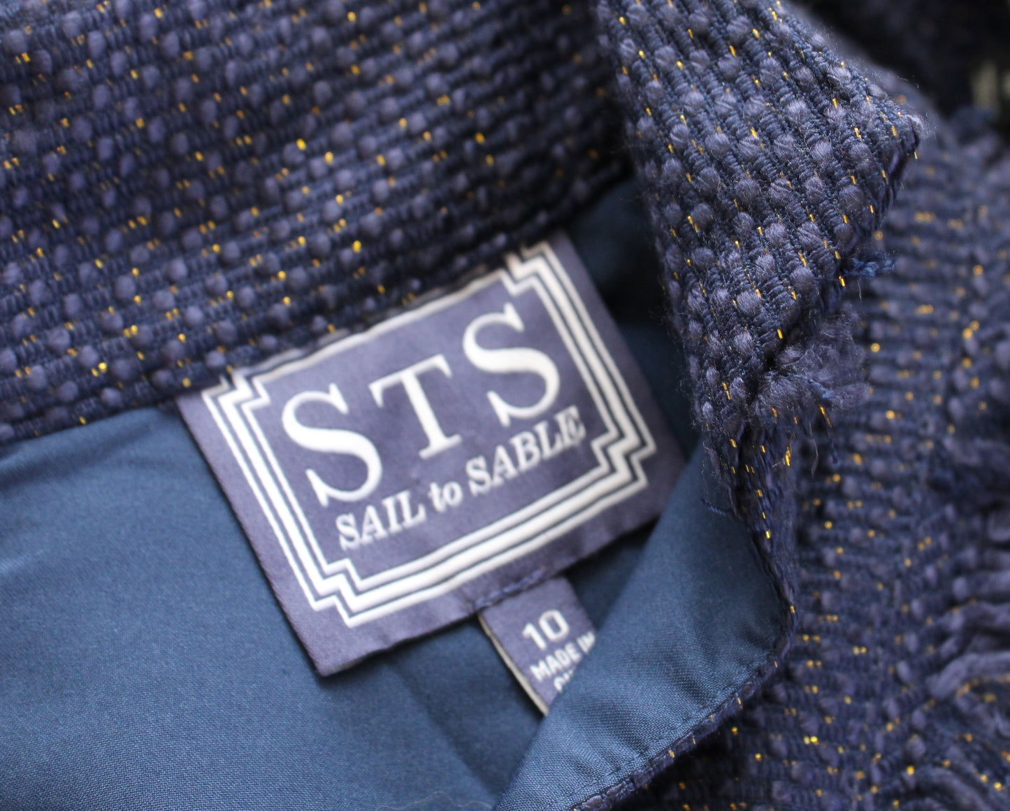 Sail to Sable Navy Blue Gold Metallic Tweed Fringe Tunic Shift Dress Size 10