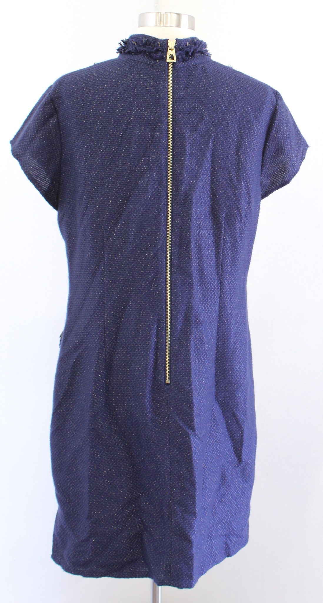 Sail to Sable Navy Blue Gold Metallic Tweed Fringe Tunic Shift Dress Size 10