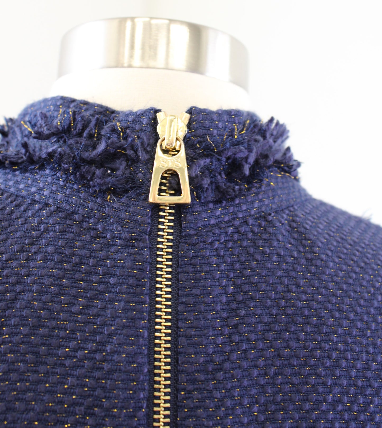 Sail to Sable Navy Blue Gold Metallic Tweed Fringe Tunic Shift Dress Size 10