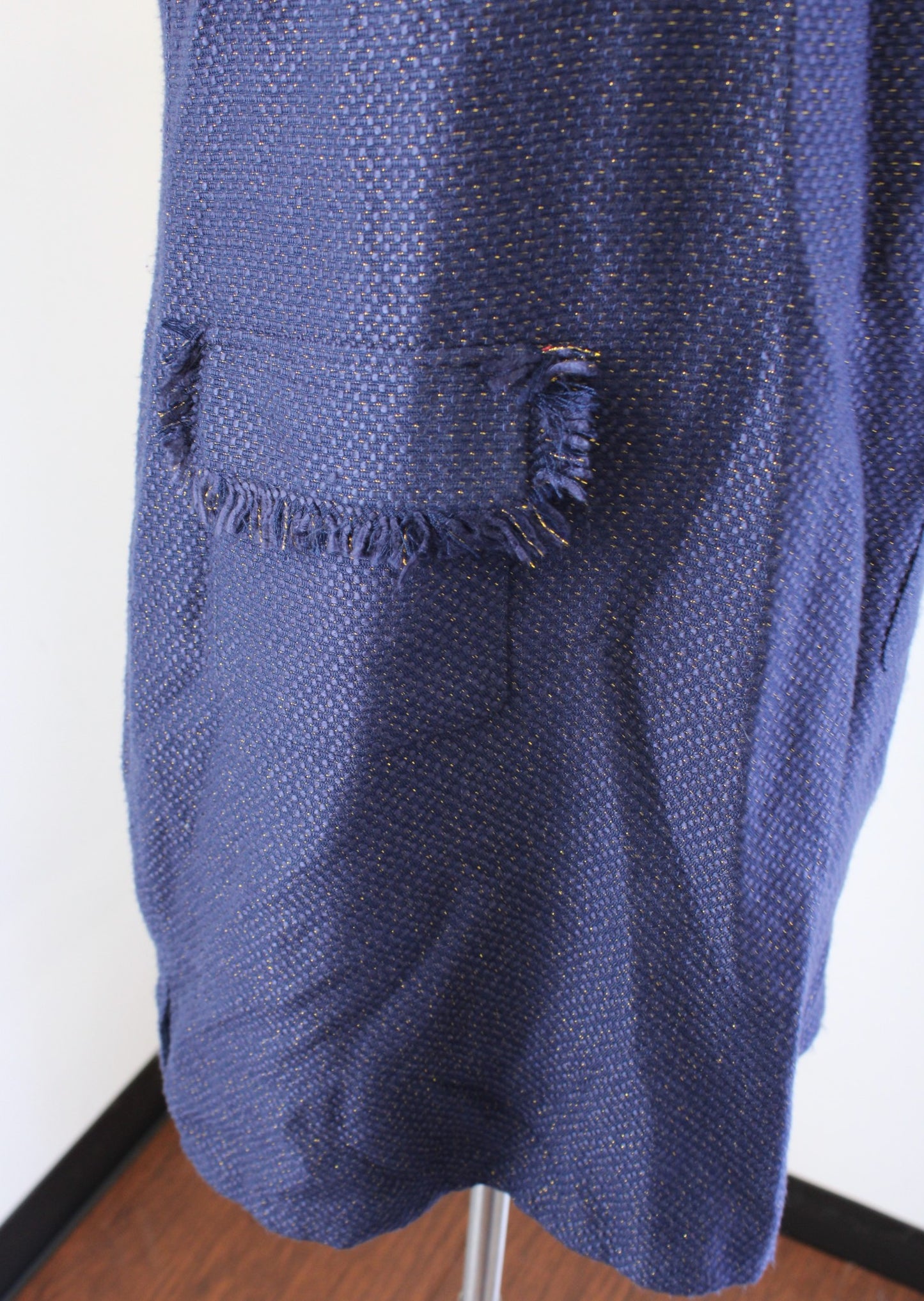 Sail to Sable Navy Blue Gold Metallic Tweed Fringe Tunic Shift Dress Size 10