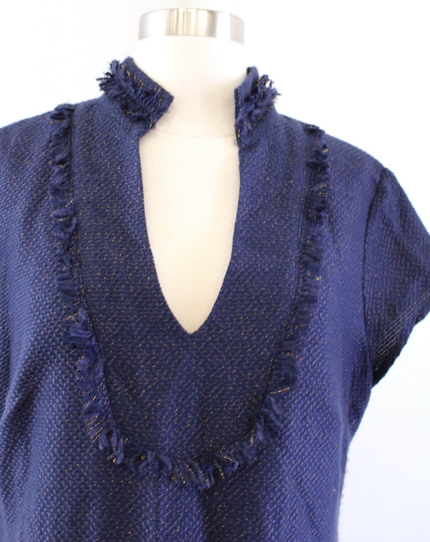 Sail to Sable Navy Blue Gold Metallic Tweed Fringe Tunic Shift Dress Size 10