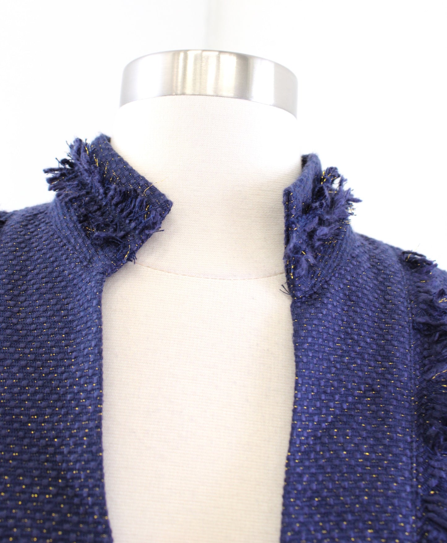 Sail to Sable Navy Blue Gold Metallic Tweed Fringe Tunic Shift Dress Size 10