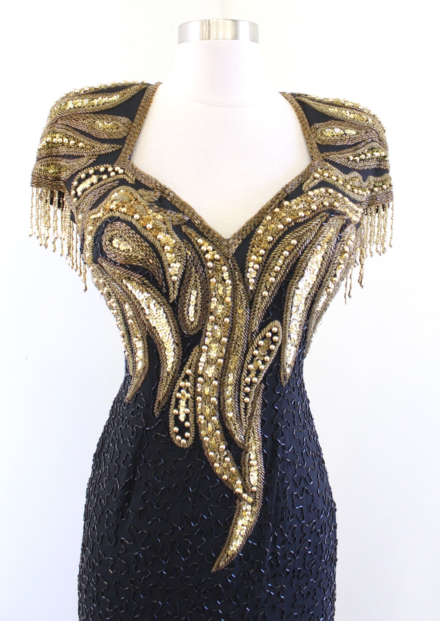 Vtg 80s 90s Alyce Designs Black Gold Silk Beaded Sequin Gown Dress Formal size 4