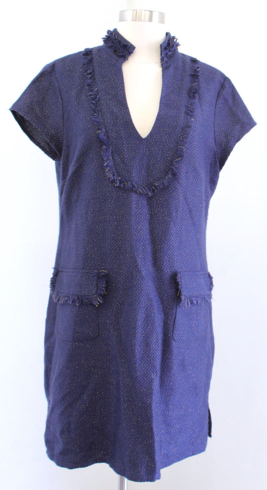 Sail to Sable Navy Blue Gold Metallic Tweed Fringe Tunic Shift Dress Size 10
