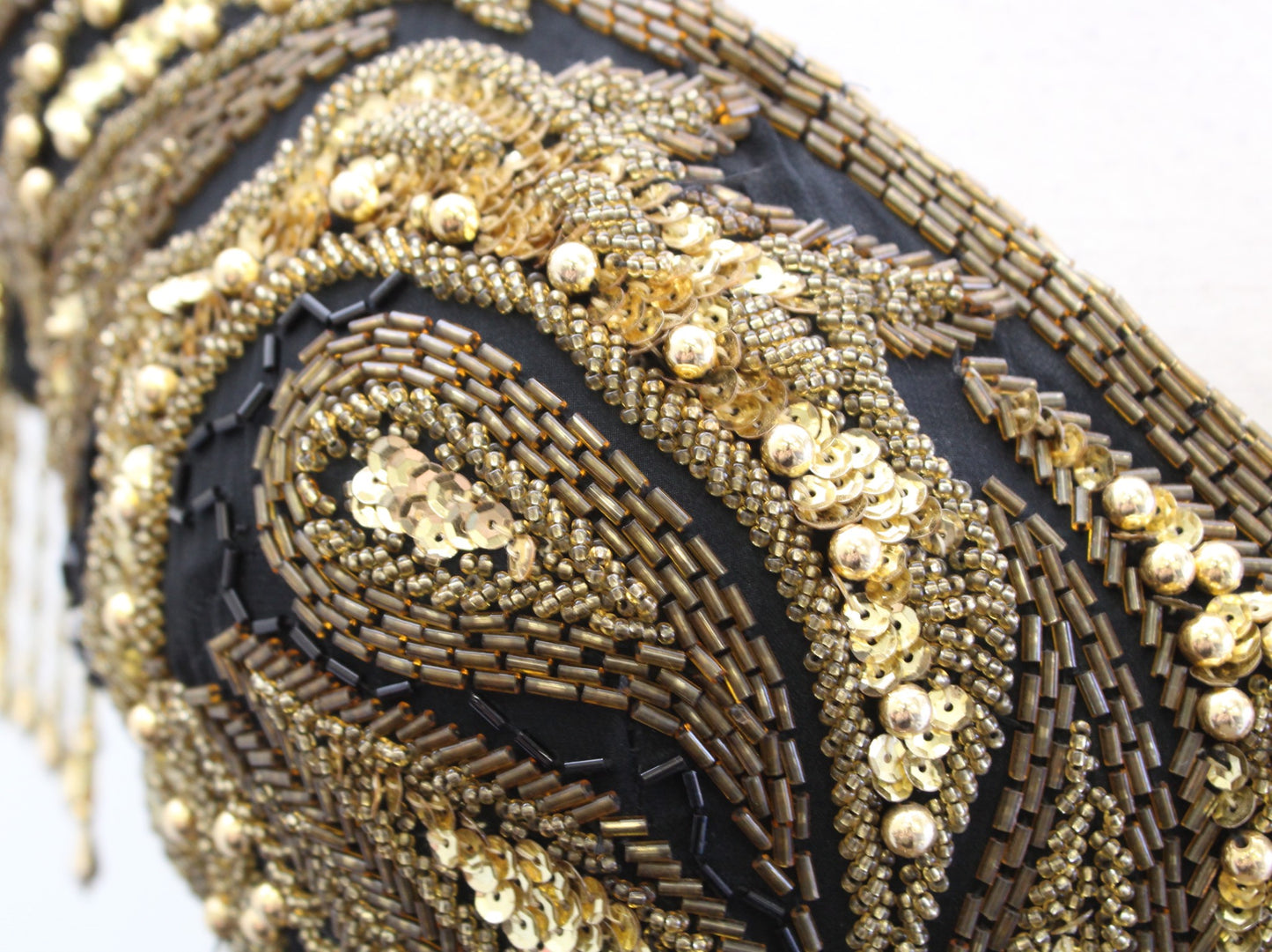 Vtg 80s 90s Alyce Designs Black Gold Silk Beaded Sequin Gown Dress Formal size 4