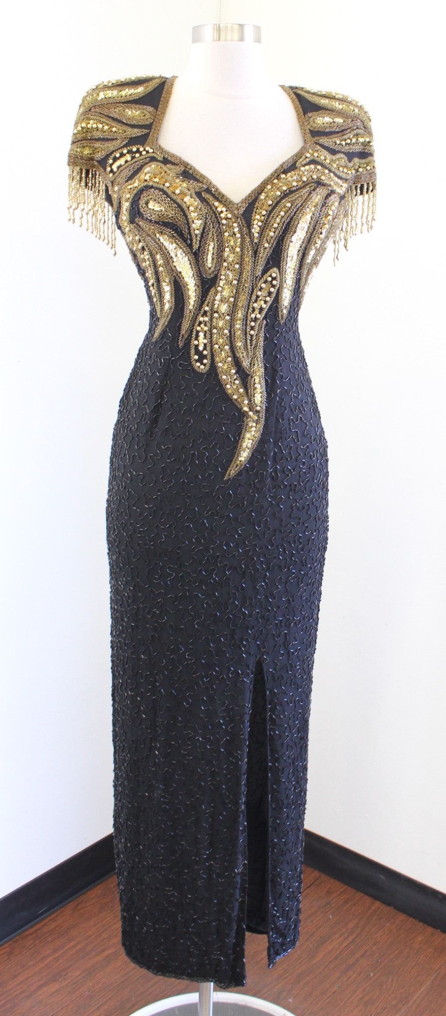 Vtg 80s 90s Alyce Designs Black Gold Silk Beaded Sequin Gown Dress Formal size 4