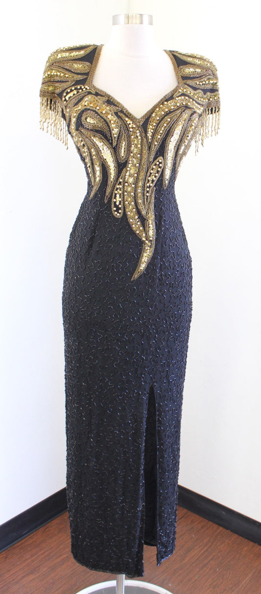 Vtg 80s 90s Alyce Designs Black Gold Silk Beaded Sequin Gown Dress Formal size 4