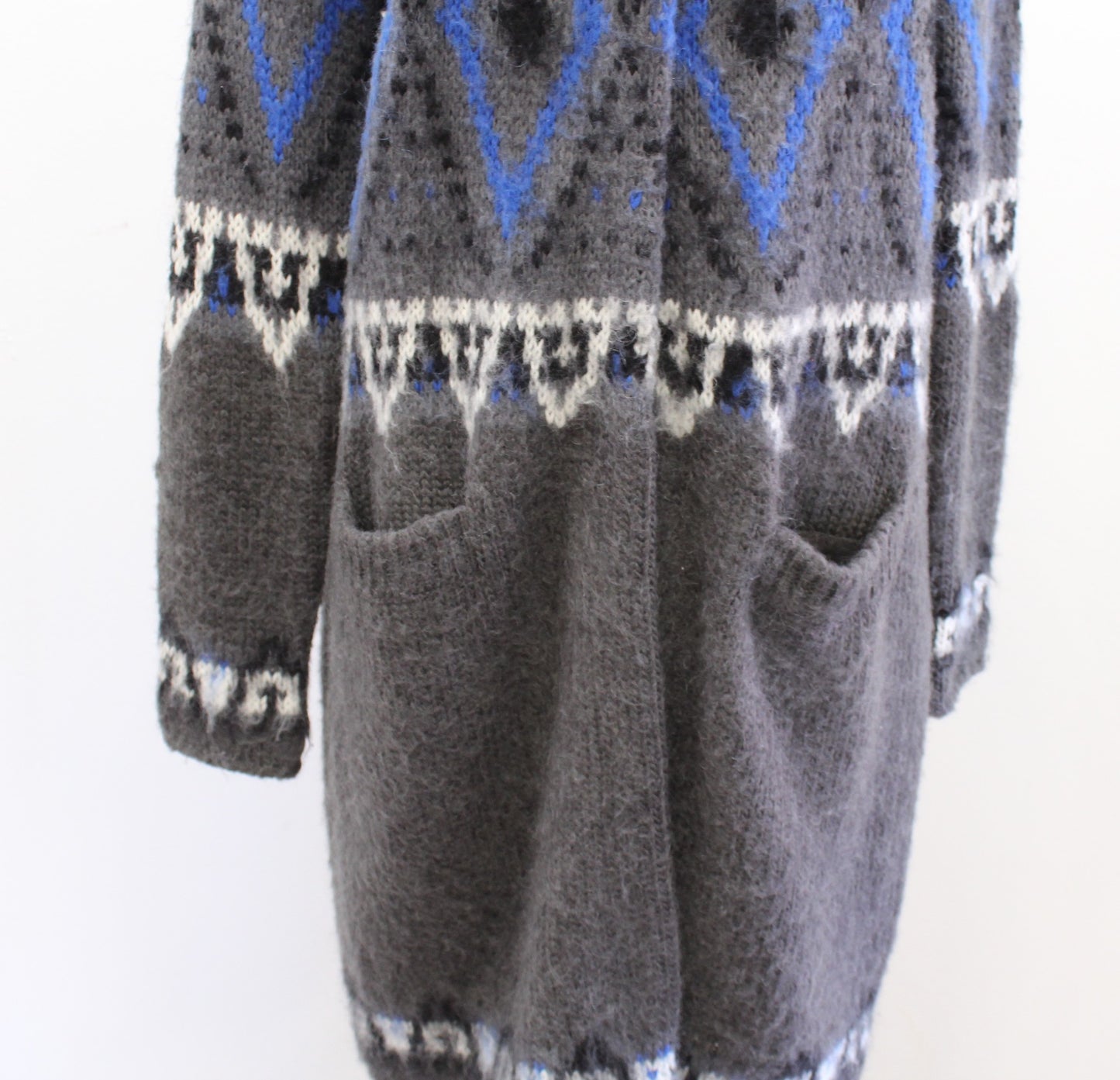 Free People Frosted Fair Gray Blue Mohair Wool Fair Isle Cardigan Sweater Size S