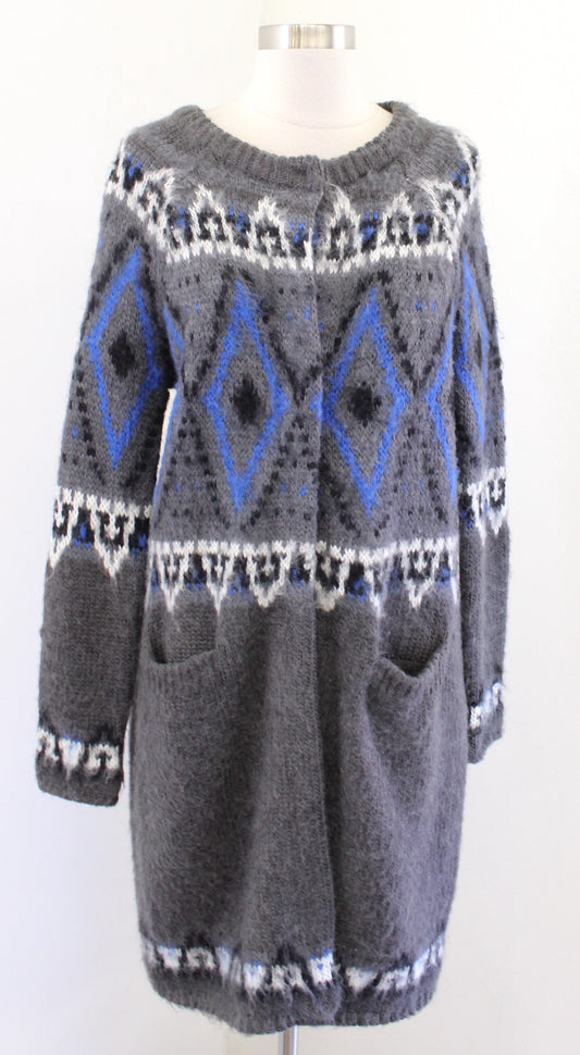 Free People Frosted Fair Gray Blue Mohair Wool Fair Isle Cardigan Sweater Size S