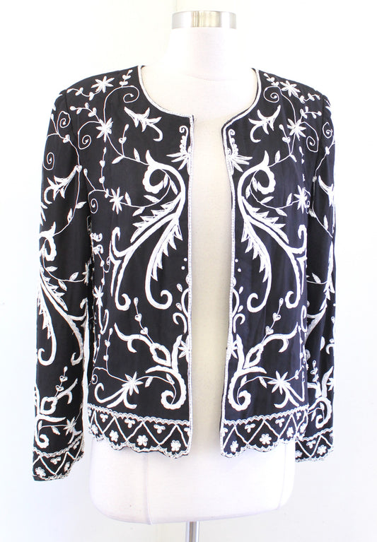 Vtg Black White Embroidered Sequin Beaded Silk Evening Formal Jacket Size M