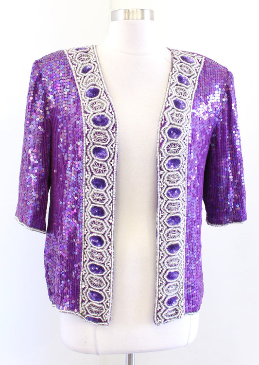 Vtg 90s Jewel Queen Purple Iridescent Silk Beaded Sequin Evening Party Jacket S