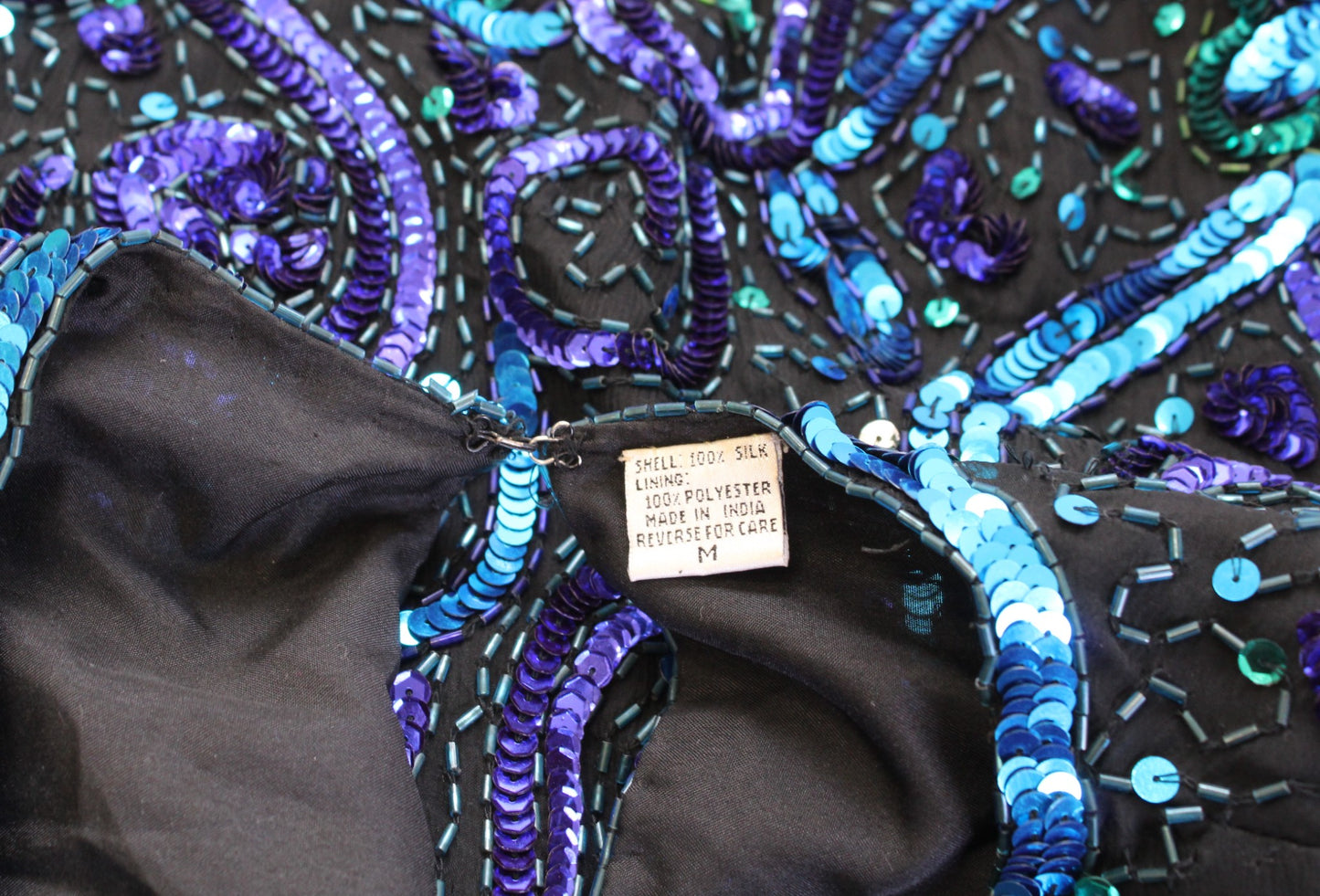 Vtg Black Blue Silk Beaded Sequin Evening Party Formal Top Blouse Size M Retro