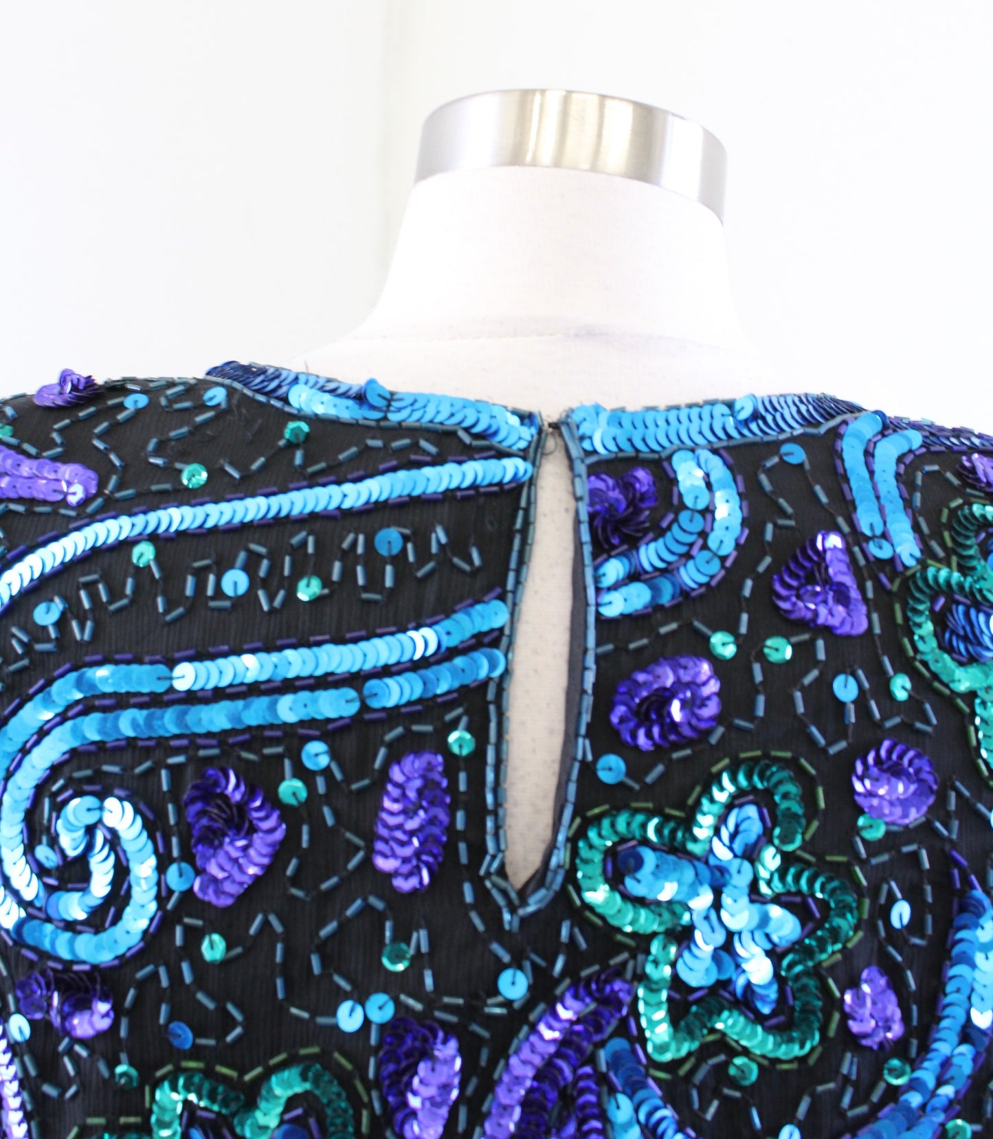 Vtg Black Blue Silk Beaded Sequin Evening Party Formal Top Blouse Size M Retro