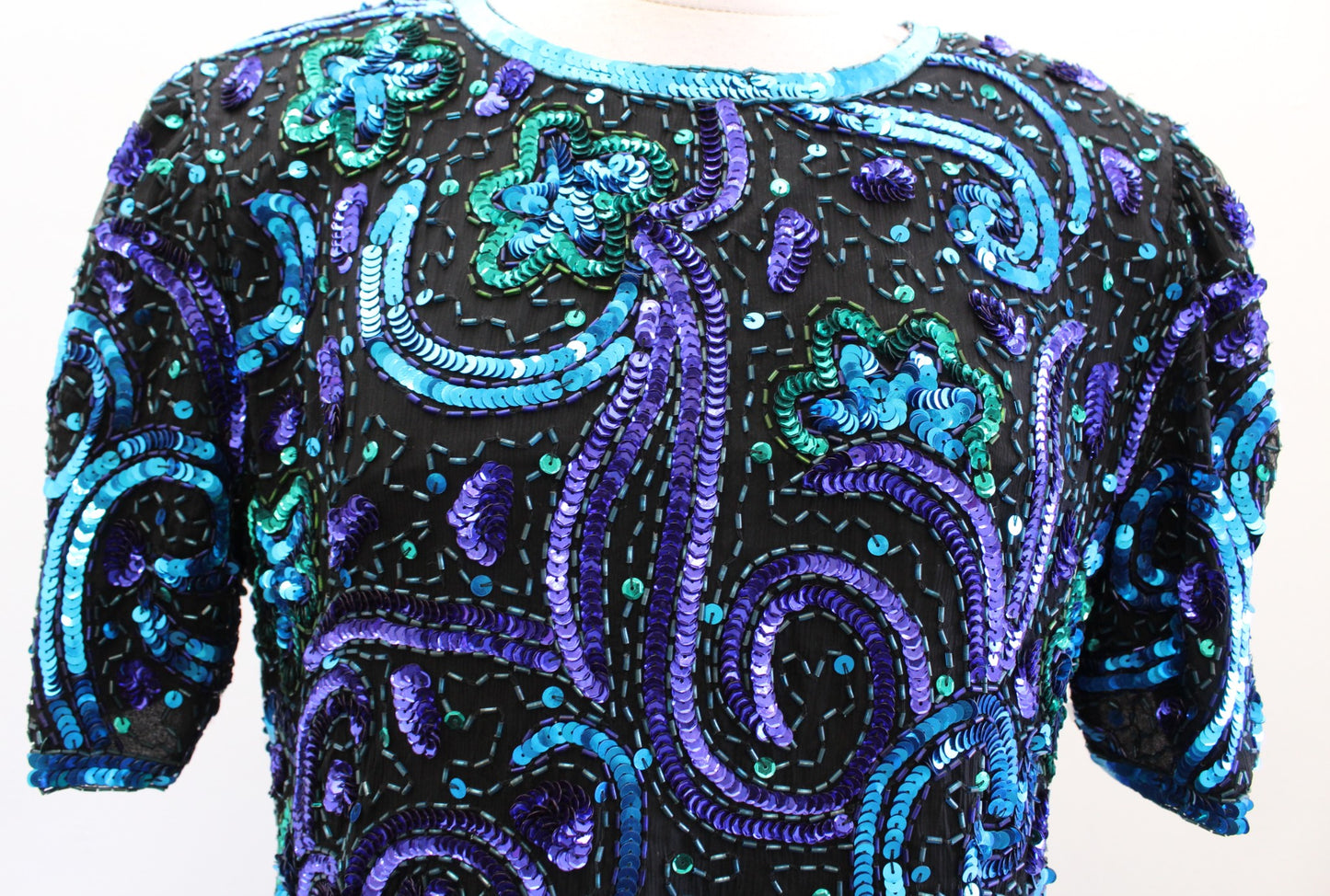 Vtg Black Blue Silk Beaded Sequin Evening Party Formal Top Blouse Size M Retro