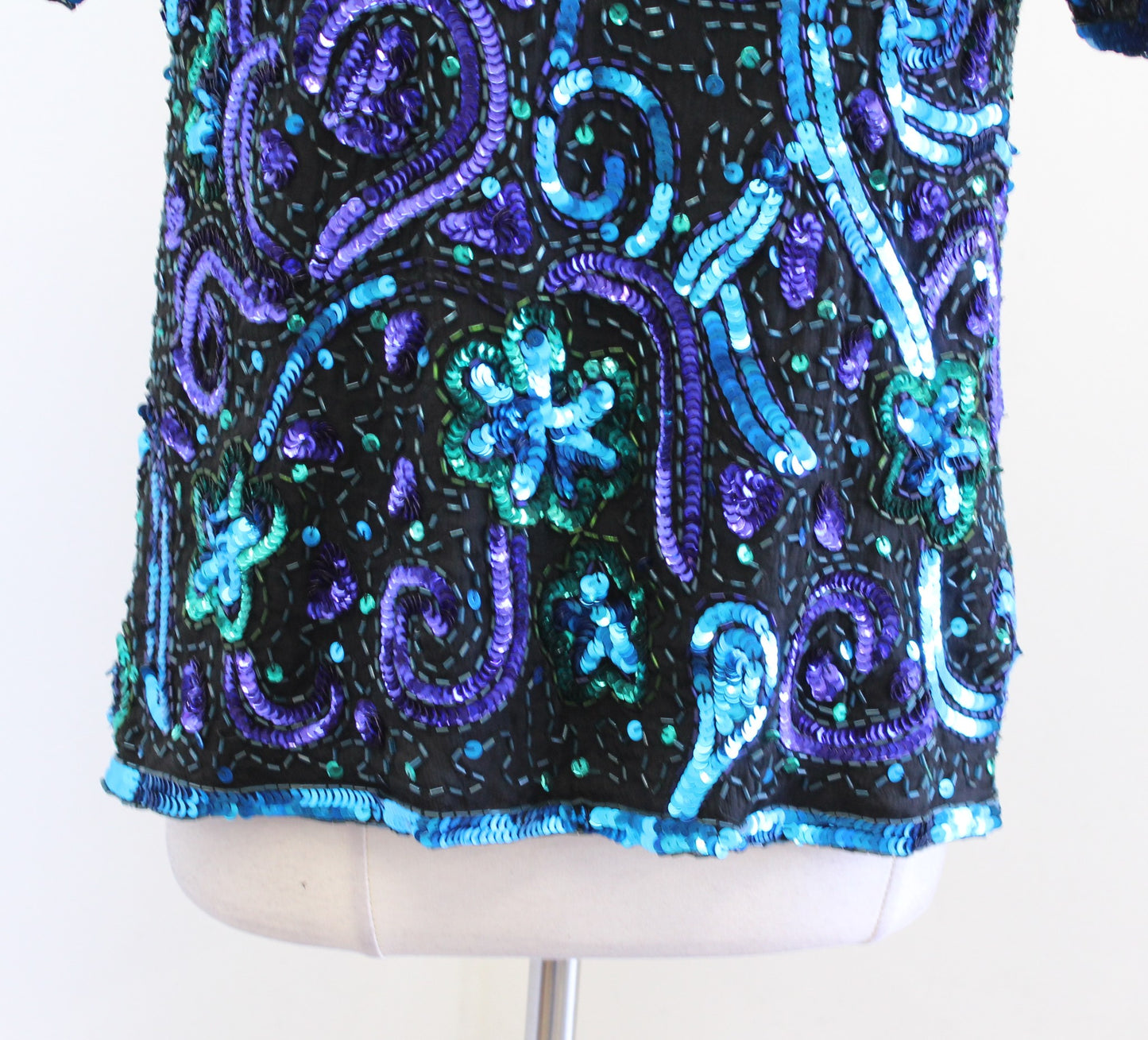 Vtg Black Blue Silk Beaded Sequin Evening Party Formal Top Blouse Size M Retro