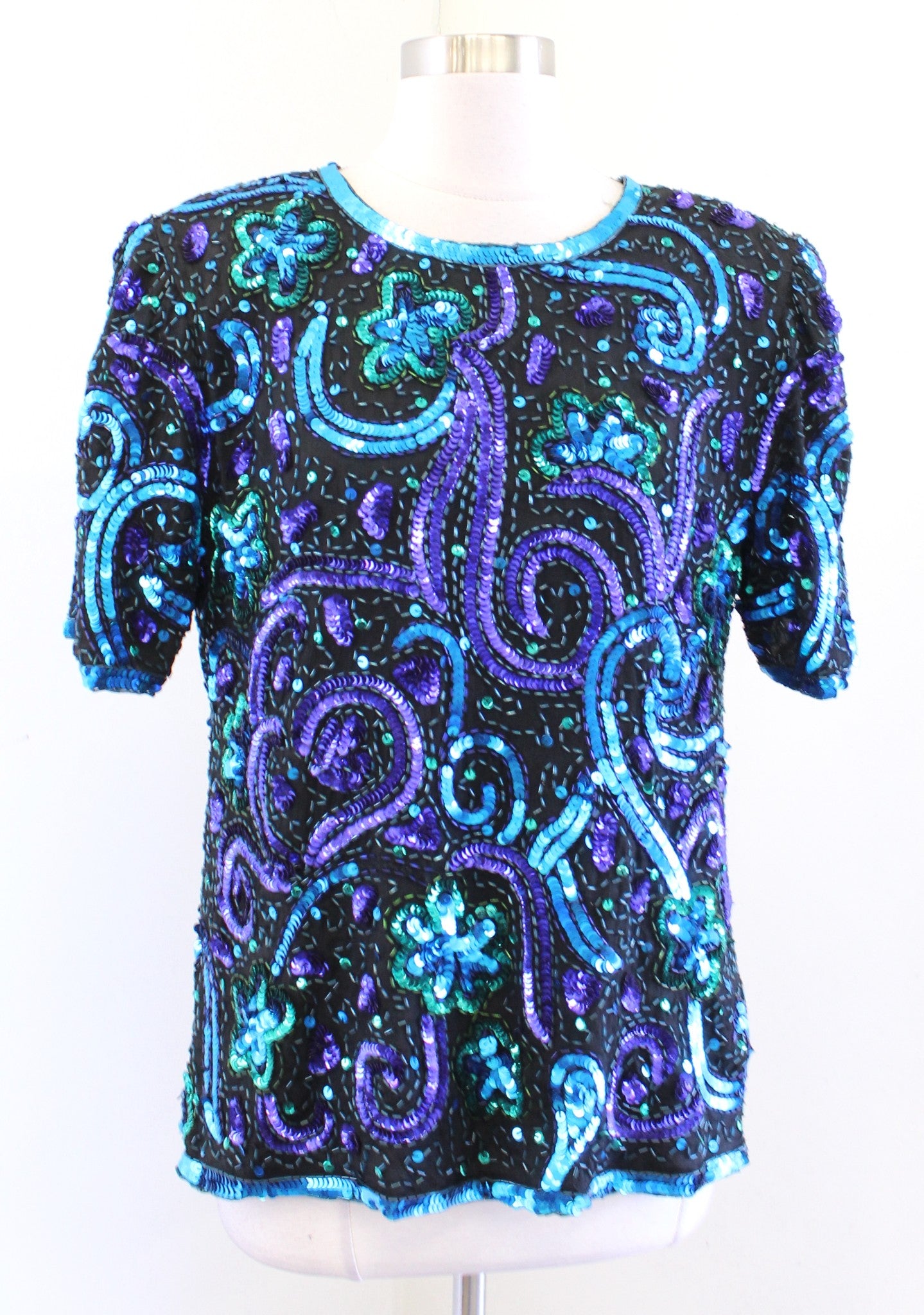 Vtg Black Blue Silk Beaded Sequin Evening Party Formal Top Blouse Size M Retro