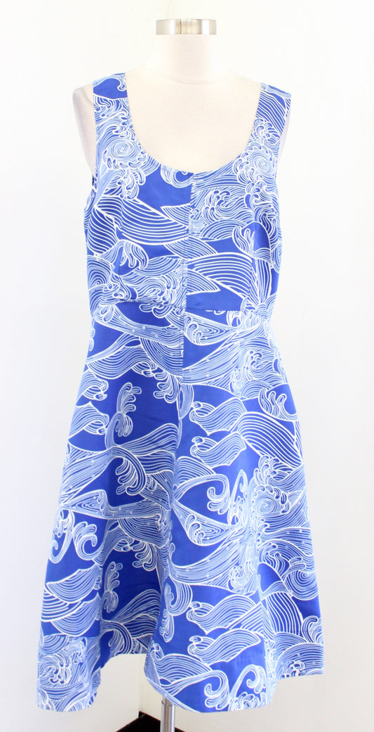 NWT Plenty Tracy Reese Blue White Wave Print Fit and Flare Sleeveless Dress 14