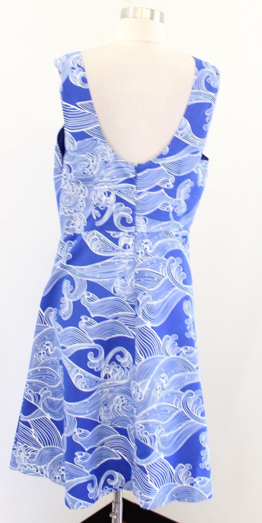 NWT Plenty Tracy Reese Blue White Wave Print Fit and Flare Sleeveless Dress 14