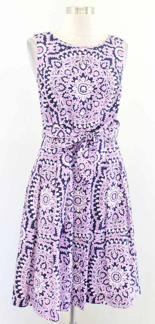 NWT Talbots Poplin Fit and Flare Medallion Print Dress Size 4P Belted Lilac Navy